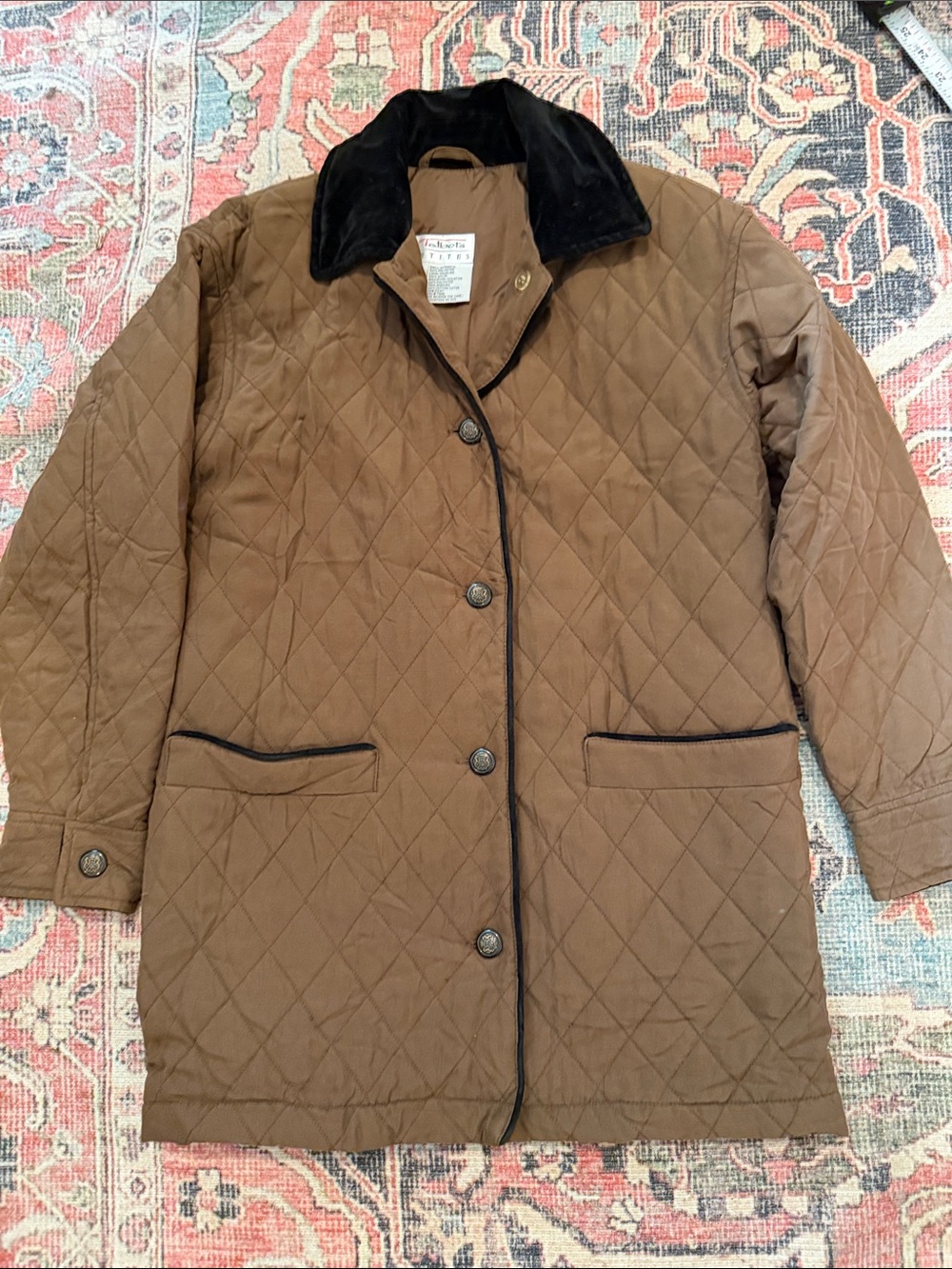 Vintage 90s Talbots Quilted Brown Puffer Coat with Black Collar